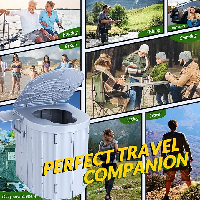 Portable Toilet, Upgraded 15'' Camping Toilet for Adults with Lid, Folding Toilet with Removable Paper Holder, Travel Portable Potty for Camping, Hiking, Roadtrip, Tent, Truck Drivers