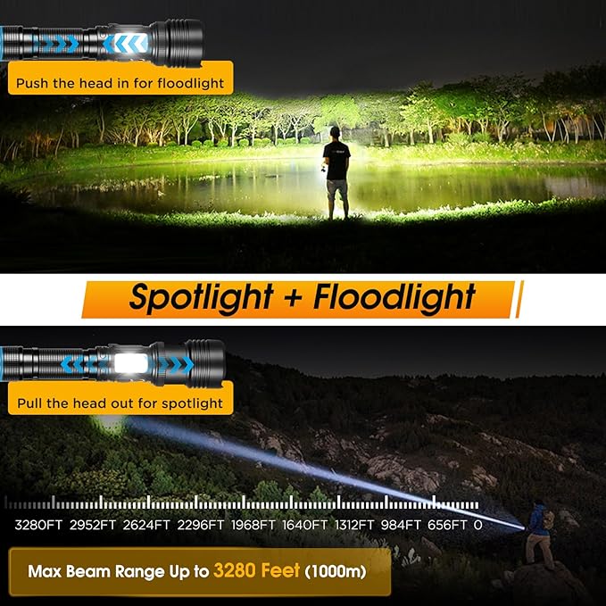 LED Flashlights High Lumens Rechargeable,990000 Lumens Super Bright Flashlight,High Powered Flashlight Zoomable,7 Modes,IPX67 Waterproof,Powerful Tactical Flashlight for Emergencies,Camping