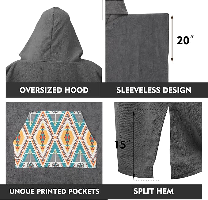 Rainleaf Surf Poncho Changing Towel Quick Dry Pool Swim Beach Towel with Hood and Front Pocket Warm and Soft Microfiber RobeTowel for Women and Men Gray Geometric Pocket
