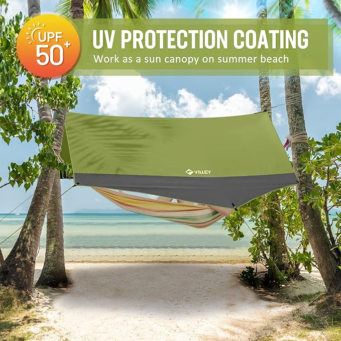 VILLEY Camping Tarps for Tents, Portable Waterproof Hammock Rain Fly, Easy Set Up Camping Shelter Sunshade Canopy for Outdoor Fishing, Backpacking, Hiking, Survival Gear- Heptagonal, Green