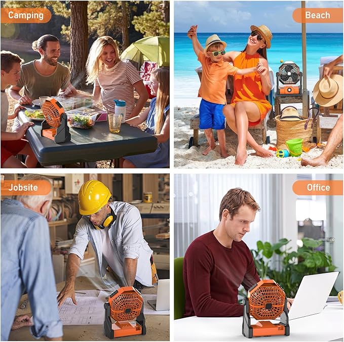 Camping Fan Rechargeable, 10400mAh Portable Battery Operated Camping Fan for Tents, Hangable USB Silent Camping Fans with LED Lantern, Suitable for Fishing, Camping, Bedroom, Workplace (Orange)