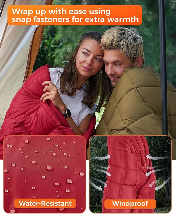 KingCamp Ultralight Camping Blanket, Packable Down Alternative Puffy Wearable Blankets Weatherproof Warm Package Quilt with Snap Buttons for Outdoor Hiking Travel Picnic Stadium (80"L x 60"W, CRIMSON)