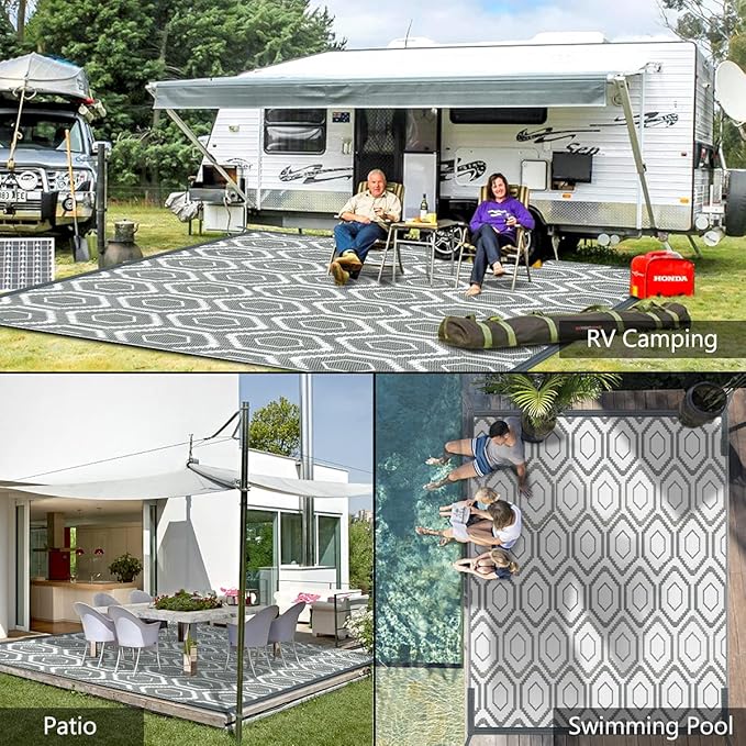 Outdoor Camping Rug Patios Clearance Plastic Straw Weatherproof Reversible Mats, Large Floor Mat for RV, Backyard, Deck, Picnic, Beach, Trailer, Camping