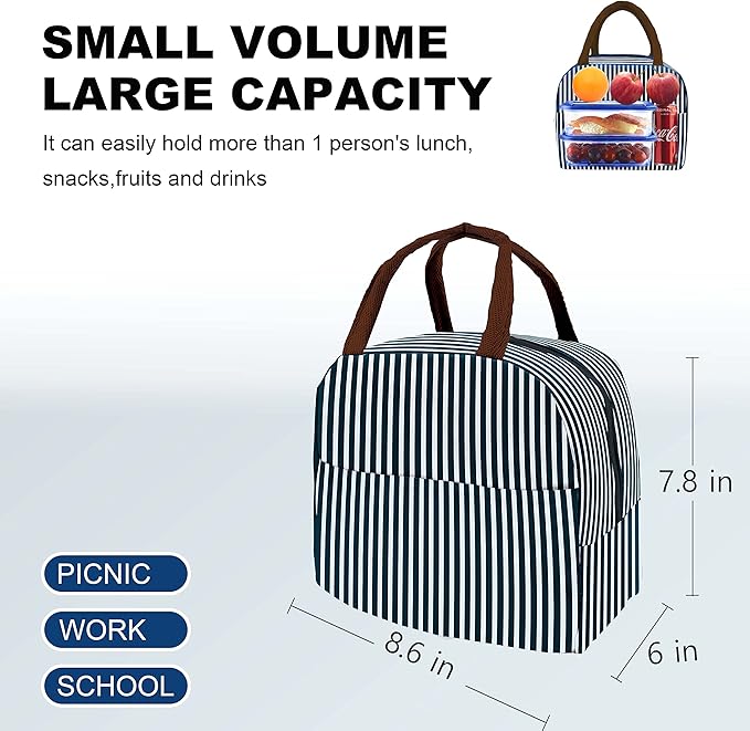 Sonuimy Insulated Lunch Bag Women, Reusable Cute Tote Lunch Box for Men & Adult, Leakproof Cooler Lunch Bags for Work Office Travel Picnic (Navy White Strip)