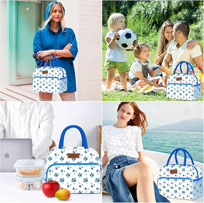 Coobiiya Lunch Bag Women, Lunch Box for Women Adult Men, Small Lunch Bag Leak-proof Cute Lunch Tote Large Capacity Reusable Insulated Cooler for Work/Office/Picnic/Travel-Blue Daisy