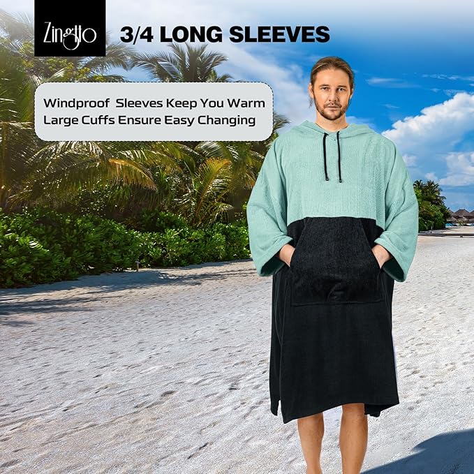 Surf Poncho Changing Robe, 3/4 Sleeve Extra Large Thick Hoodie Towel Poncho for Men Women Beach Swimming, 43‘’x35‘’, Black Teal