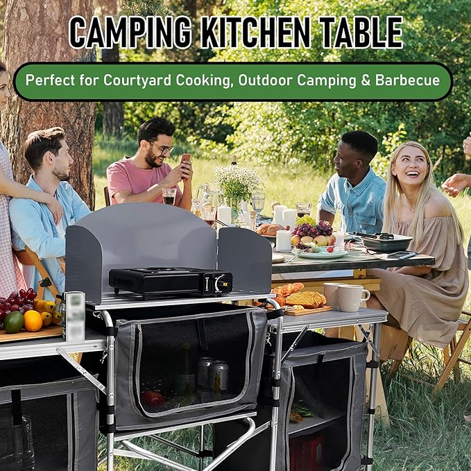 Camping Kitchen Table, Portable Folding Aluminum Cooking Table with 3 Storage Cupboards and Carrying Bags, Outdoor Cooking Station for Beach BBQ RV Traveling Camping Party (Silver)