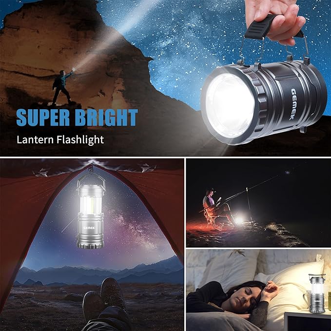 GEMEK 2 x LED Camping Lantern Battery Powered Flashlights Portable 2-in-1 Collapsible COB Lantern Lights for Camping, Car, Shop, Attic, Garage, 6 AA Batteries Included (Gray)