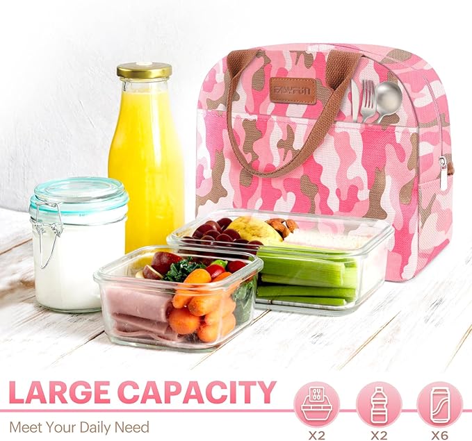 Lunch Bag for Women & Men Adult Insulated Lunch Box, Small Leakproof Cooler Food Lunch Containers Reusable High Capacity Lunch Tote Bags for Work, Travel, Outdoor (Pink Camo)