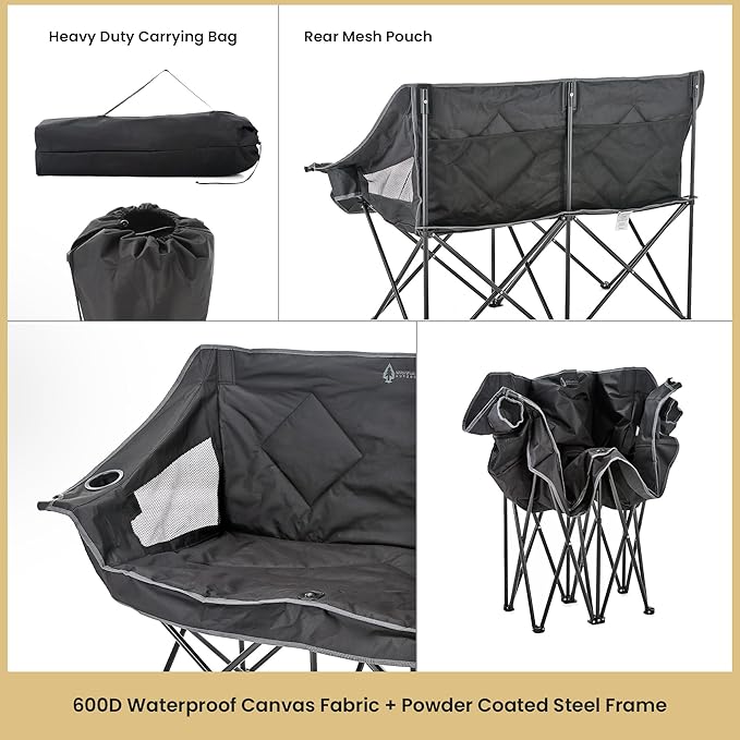 ARROWHEAD OUTDOOR 2-Pack Portable Folding Camp Loveseat Chair w/Glass & Cup Holders, Heavy Duty Carry Bag, 650 lbs Weight Capacity