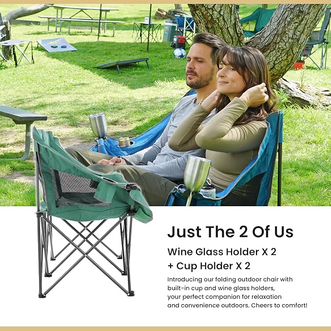 ARROWHEAD OUTDOOR Portable Folding Double Duo Camping Chair Loveseat w/ 2 Cup & Wine Glass Holder, Heavy-Duty Carrying Bag, Padded Seats & Armrests, Supports up to 500lbs, USA-Based Support