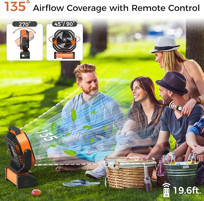 Camping Fan with Light - 20000mAh Rechargeable Battery Fan, 112Hrs Max Run Time, 9 Speeds, Digital Display, Timer, Auto Oscillation, 270° Pivot & Hook for Camping, Power Outage, Hurricane (Orange)