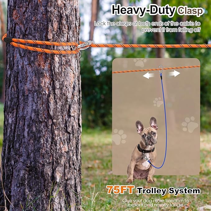 Snagle Paw Dog Runner for Yard 3 in 1, 75FT Dog Training Leash with Handle for Small Medium Large Dogs, Reflective Rope Dog Tie Out Cable with Carabiner for Yard,Park,Camping (Orange for 1 Dog)