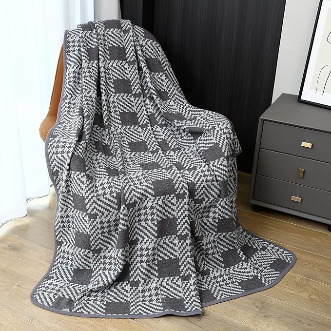 PuTian Merino Wool Blanket - 63" x 51" Thick Warm Soft Twin Bed Throw - Great for Camping, Outdoors, Travel, Car, Couch, All Seasons Houndstooth Grey