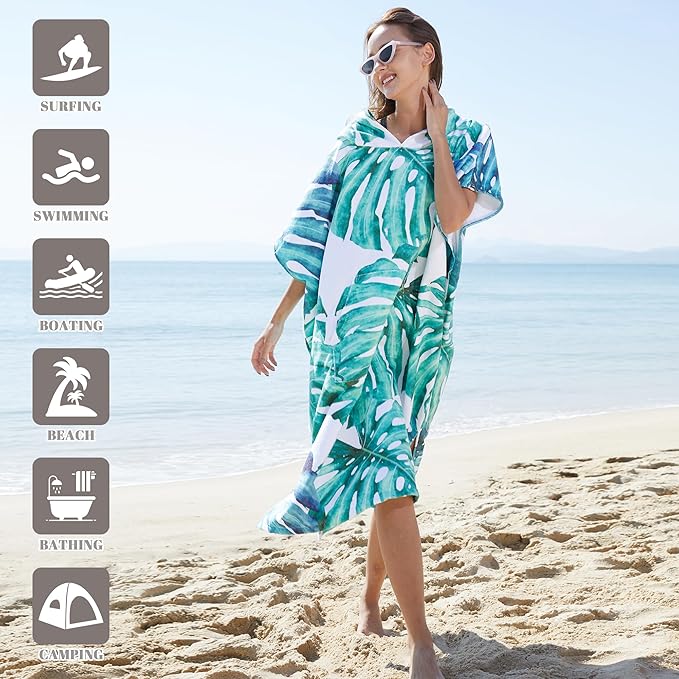 Rainleaf Surf Poncho Changing Towel Quick Dry Pool Swim Beach Towel with Hood and Front Pocket Warm and Soft Microfiber RobeTowel for Women and Men Green-Leaf Print