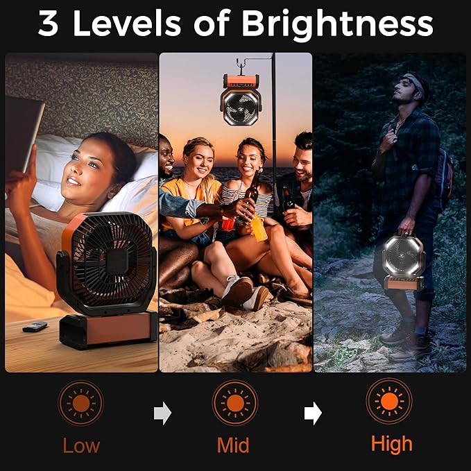Camping Fan with Light - 20000mAh Rechargeable Battery Fan, 112Hrs Max Run Time, 9 Speeds, Digital Display, Timer, Auto Oscillation, 270° Pivot & Hook for Camping, Power Outage, Hurricane (Orange)