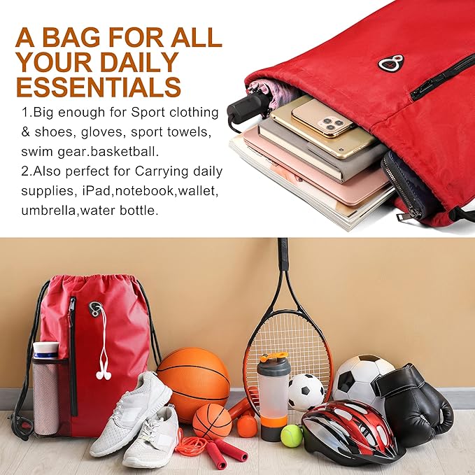 Drawstring Backpack Sports Gym Bag for Women Men Large Size With Two Zipper Pockets and Water Bottle Mesh Pockets