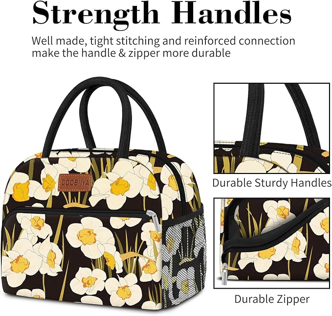 Coobiiya Lunch Bag Women, Daffodil Lunch Bag for Women Adult, Small Leakproof Cute Lunch Box Tote Large Capacity Reusable Insulated Cooler Lunch Container for Work/Office