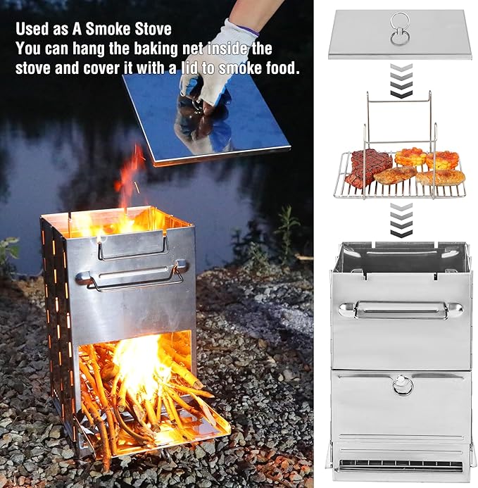 REDCAMP Wood Burning Folding Camp Stove Stainless Steel Grill, Extra High Portable Collapsible Backpacking Stove Survival Rocket Stove for Hiking Outdoor Tent Camping Picnic BBQ, Large