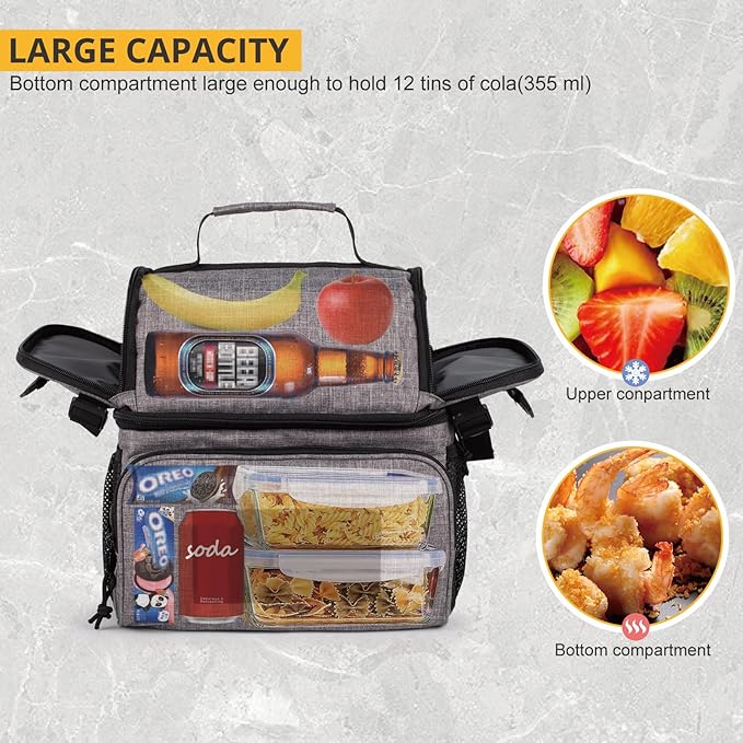ATRIPACK 2 Compartment Lunch Bag for Men Adult, Tactical Lunch Box Leakproof Insulated Large Cooler Bag for Work with Adjustable Shoulder Strap Flag Double Layer Lunch Pail(Grey)