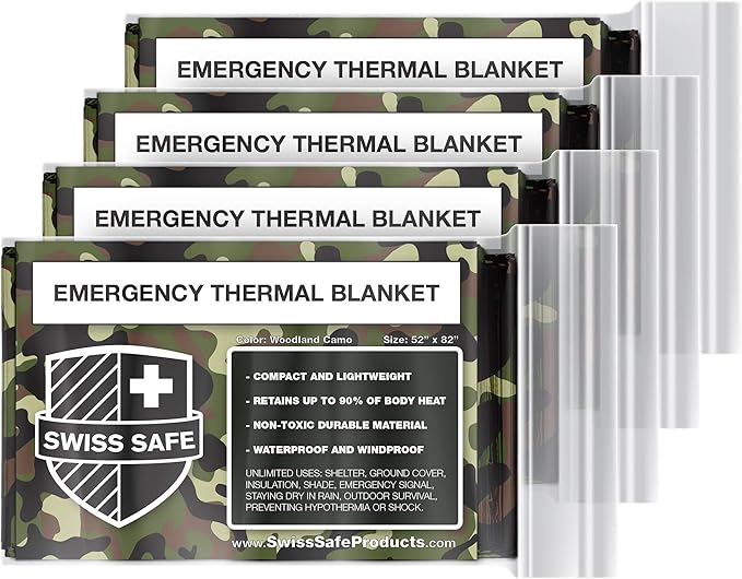 Swiss Safe Emergency Mylar Thermal Blankets + Bonus Space Blanket - Compact & Insulated for Cold Weather - Designed for NASA, Outdoor Camping, Survival, First Aid Car Kit - Woodland Camo, 4 Pack