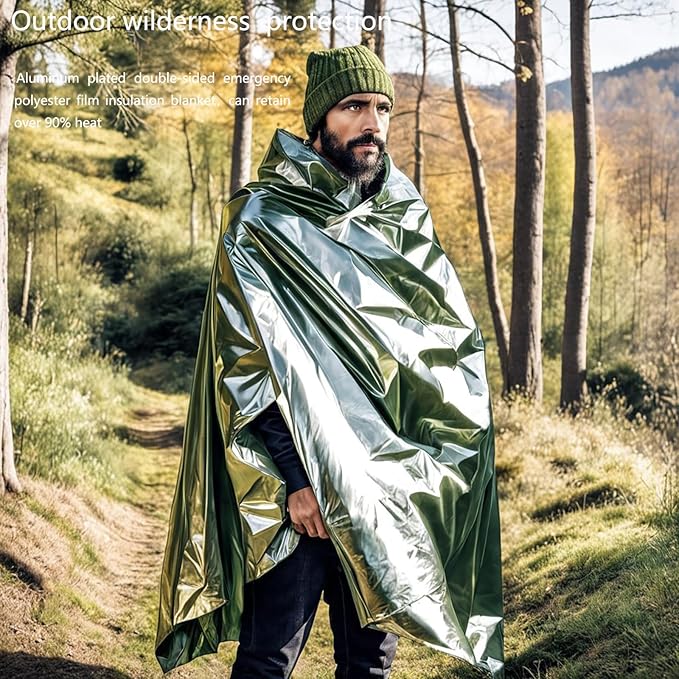 Survival Blanket Emergency Mylar Thermal Blankets, Portable Space Blankets Survival Camping Emergency Blankets. Suitability for Camping, Bug Out Bag, Survival, Hiking. (Orange & Green)