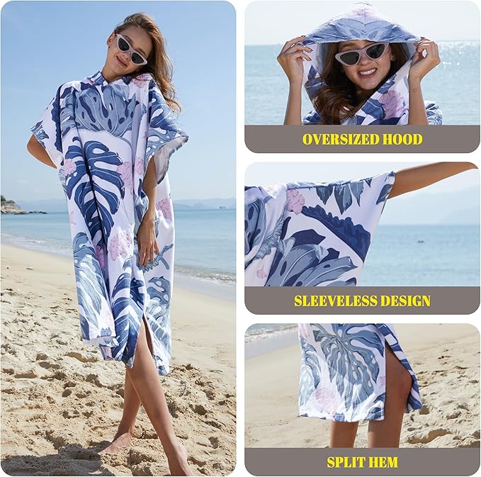 Rainleaf Surf Poncho Changing Towel Quick Dry Pool Swim Beach Towel with Hood and Front Pocket Warm and Soft Microfiber RobeTowel for Women and Men Gray-Leaf Print