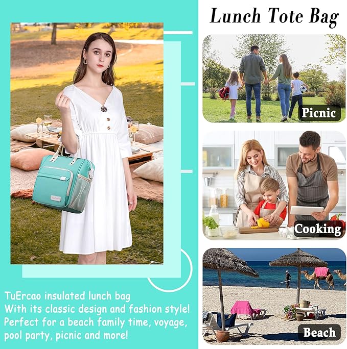 Preppy Lunch Box for Women Aesthetic Insulated Lunch Bag for Young Ladies Female, Teal