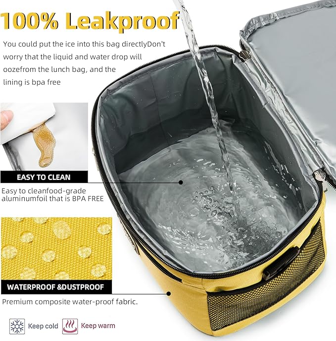BEIMILY Lunch Box for Men/Women,Small Insulated Lunch Bag Tote,Small Lunch Bag for Work,Adult Lunch Box,Reusable Leakproof Soft Cooler Bag with Adjustable Shoulder Strap (Yellow)