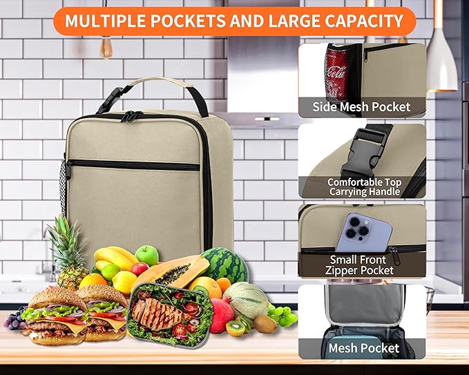 Lunch Box for Men - Reusable Lunch Bag Men Adult Women- Insulated Small LunchBox (Beige)
