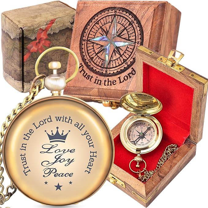 TVV-Christian Compass Gift for Him – Solid Brass Pocket Compass with Bible Verses – Baptism Gifts for Boys, Religious Compass Gift for Graduation, Confirmation – Includes Wooden Box & Greeting Card