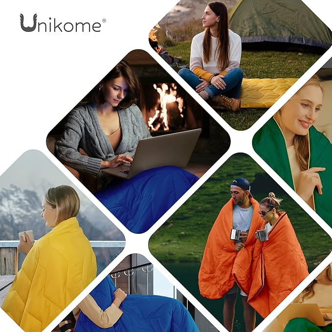 UNIKOME Outdoor Packable Camping Blanket, Lightweight Travel Blanket Waterproof Warm Camping Blanket for Hiking, Camping, Puffy Down Alternative Camping Blanket with Corner Loops, 75"×52", Blue