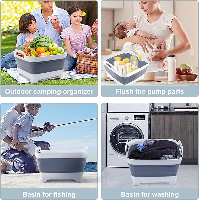 2.4 Gal(9L) Collapsible Dish Basin with Drain Plug, Space Saving Outdoor Multiuse Foldable Sink Tub, Dishpan, Kitchen Storage Tray for Camping, Vegetable Washing, RV (Gray)