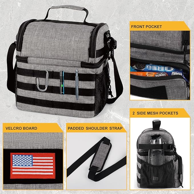 ATRIPACK 2 Compartment Lunch Bag for Men Adult, Tactical Lunch Box Leakproof Insulated Large Cooler Bag for Work with Adjustable Shoulder Strap Flag Double Layer Lunch Pail(Grey)