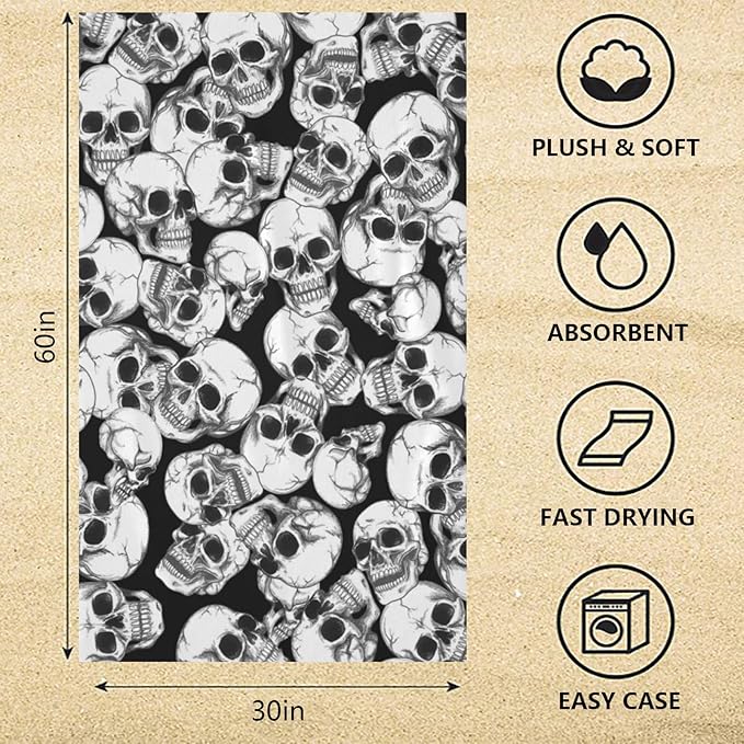 Skull Halloween Beach Towel, Skeleton Quick Dry Super Absorbent Microfiber Bath Towels, Large Towels for Swimming Bathroom Spa Pool 60x30 in