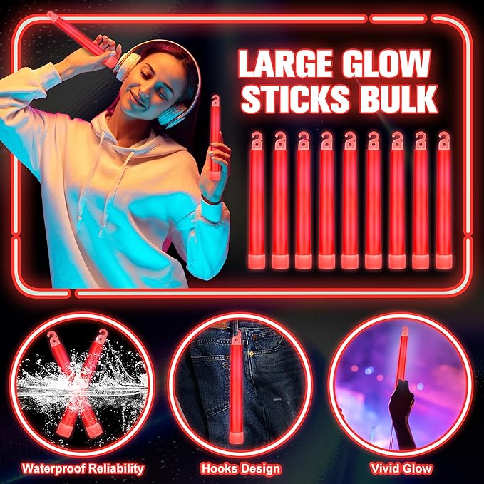 Sotiff 96 Pcs 6 Inch Large Bright Glow Sticks Light Sticks Halloween Favors Emergency Chem Sticks Cheer Stick for Party Activities Birthday Wedding Concerts Halloween Decor