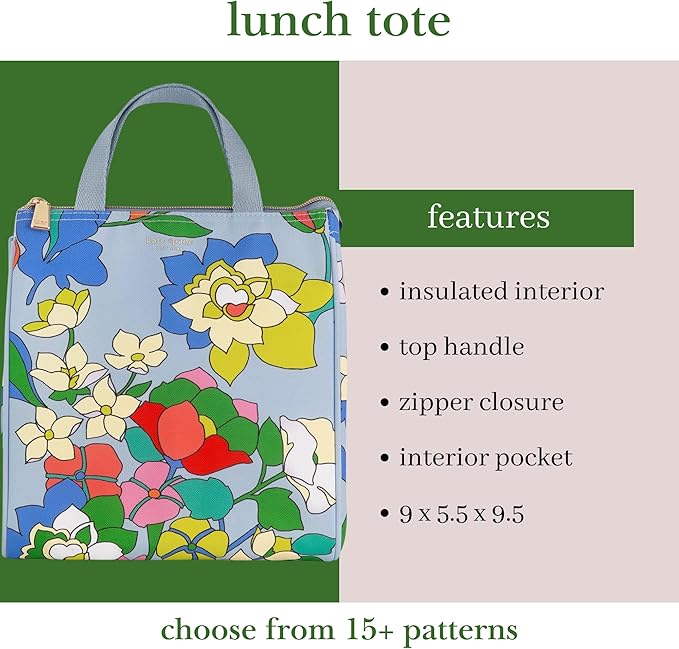 Kate Spade New York Portable Soft Cooler Lunch Bag, Small Insulated Tote, Thermal Lunch Bag with Silver Insulated Lining and Storage Pocket, Flower Bed
