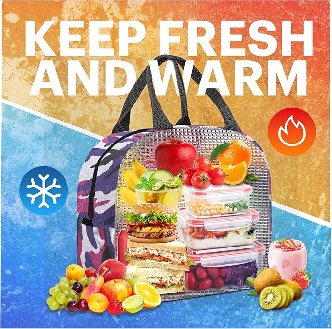 Lunch Bag for Women & Men Adult Insulated Lunch Box, Small Leakproof Cooler Food Lunch Containers Reusable High Capacity Lunch Tote Bags for Work, Travel, Outdoor (Purple Camo)