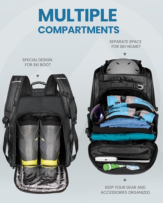 OutdoorMaster Ski Boot Bag, 65L Waterproof Ski Snowboard Boots Shoulder Pad Skiing Backpack for Helmets, Goggles Men & Women