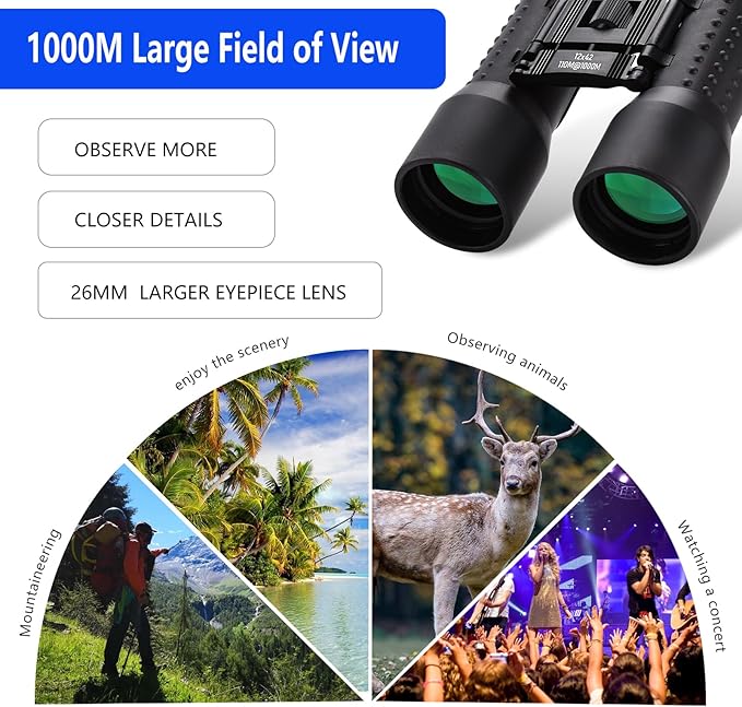 12x42 HD Binoculars for Adults, Professional Large View Binoculars with Clear Low Light Vision, Waterproof for Bird Watching, Hunting, Travel, Hiking, Sports, Concerts