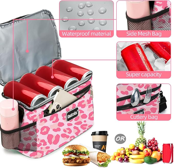 BEIMILY Lunch Box for Men/Women,Small Insulated Lunch Bag,Reusable Lunchbox for Work Picnic,Leakproof Soft Cooler Tote Bag Organizer with Adjustable Shoulder Strap for Adults(Pink Leopard Print)