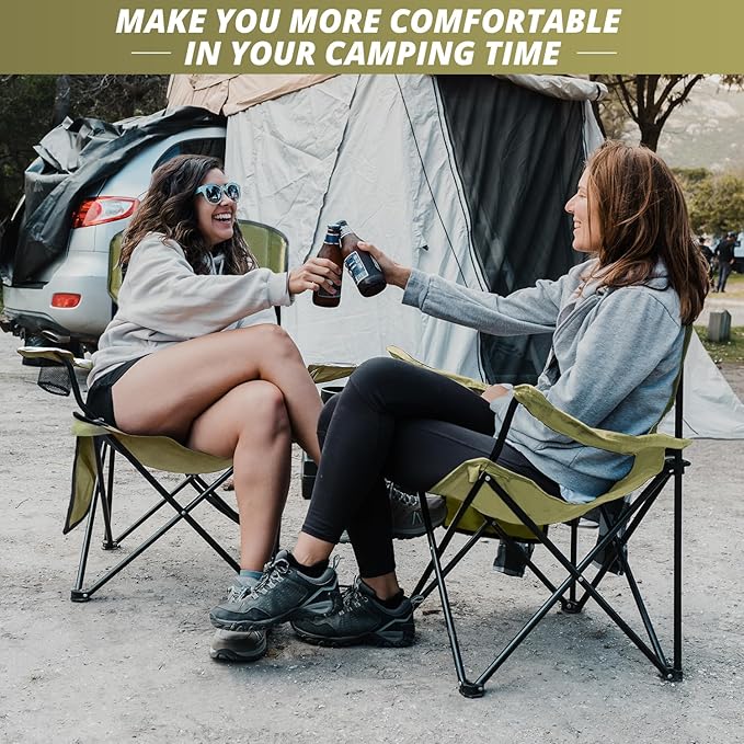 2PCS Folding Outdoor Beach Camp Chair with Cup Holder, Storage Pocket, Waterproof Bag Outdoor Arm Chair, Supports 225LBS, Green