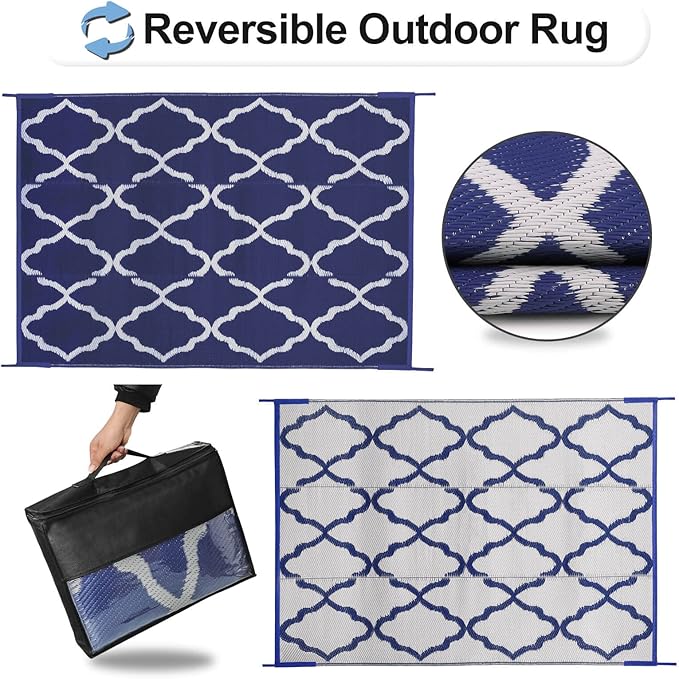 OutdoorLines Outdoor Plastic Area Rugs for Patio 9x12 ft - Reversible Outside Carpet, Stain & UV Resistant RV Mats, Straw Rug for Camping, Deck Garden, Porch and Balcony, Moroccan Navy & Light Grey