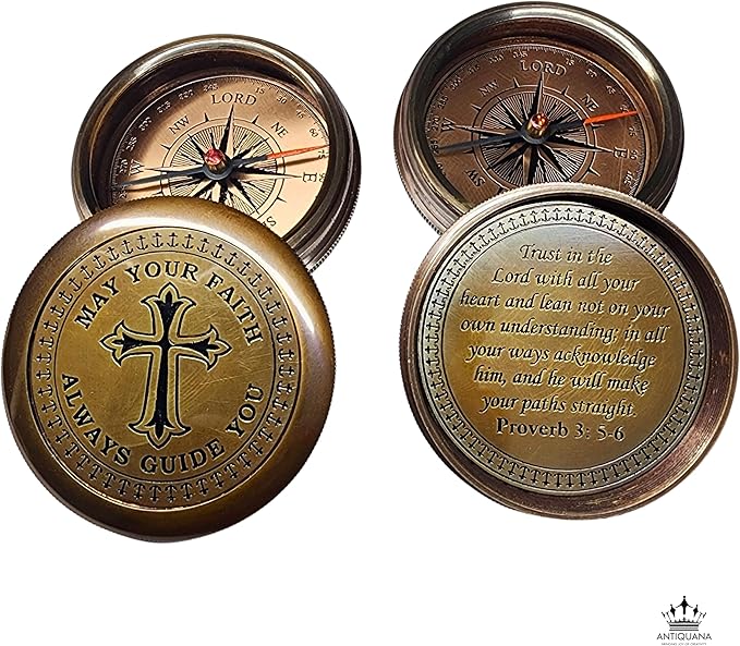 Trust in The Lord with All Your Heart - Proverbs 3:5-6 Quote Engraved Compass with Wooden Box or Leather case, Greeting Card, Gift Compass, Graduation Day Gifts 2025 for Women Men Boys Girls