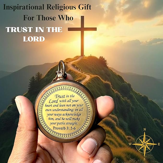 Trust in The Lord with All Your Heart -Proverbs 3: 5-6 Quote Engraved Compass with Wooden Box. Greeting Card, Inspirational Gift Men, Christian Boys Baptism Gifts, Graduation Day