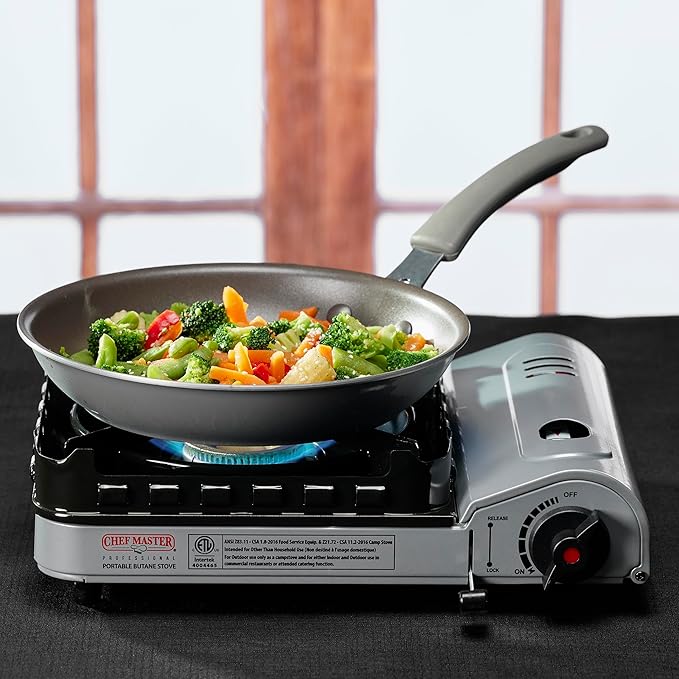 Chef Master 15,000 BTU Portable Butane Camping Stove COMBO with 4 x 8oz. Butane Fuel Canister, Double Wind-Guard Portable Stove Burner for Emergency, Road Trip, Backpacking & Camping Essential - 90019