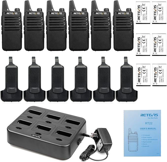 Retevis RT22 Walkie Talkies Rechargeable Hands Free 2 Way Radios Two-Way Radio(6 Pack) with 6 Way Multi Gang Charger