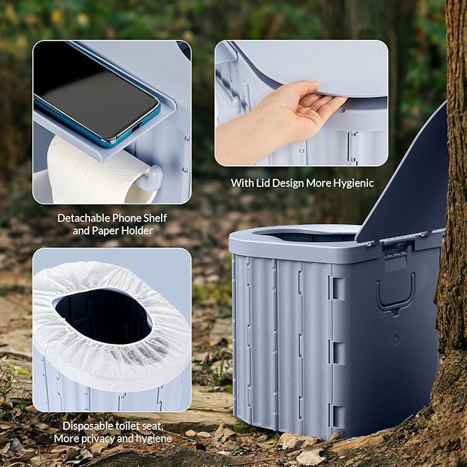Portable Toilet, Upgraded 15'' Camping Toilet for Adults with Lid, Folding Toilet with Removable Paper Holder, Travel Portable Potty for Camping, Hiking, Roadtrip, Tent, Truck Drivers