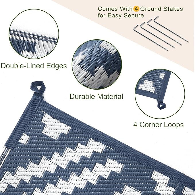 OPPODREAM Outdoor Rug 5x8 Ft, Waterproof Outdoor Plastic Straw Rug for Patio, Reversible Out Door Carpet for Camping, Deck, Rv, 5 x 8 Area Carpet for Balcony, Porch, Backyard, White and Navy Blue