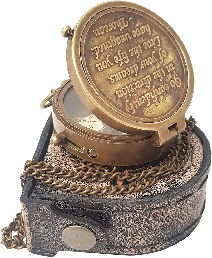 Brass Compass Engraved with Thoreau's Go Confidently Quote and Stamped Leather Case, Boys Gifts